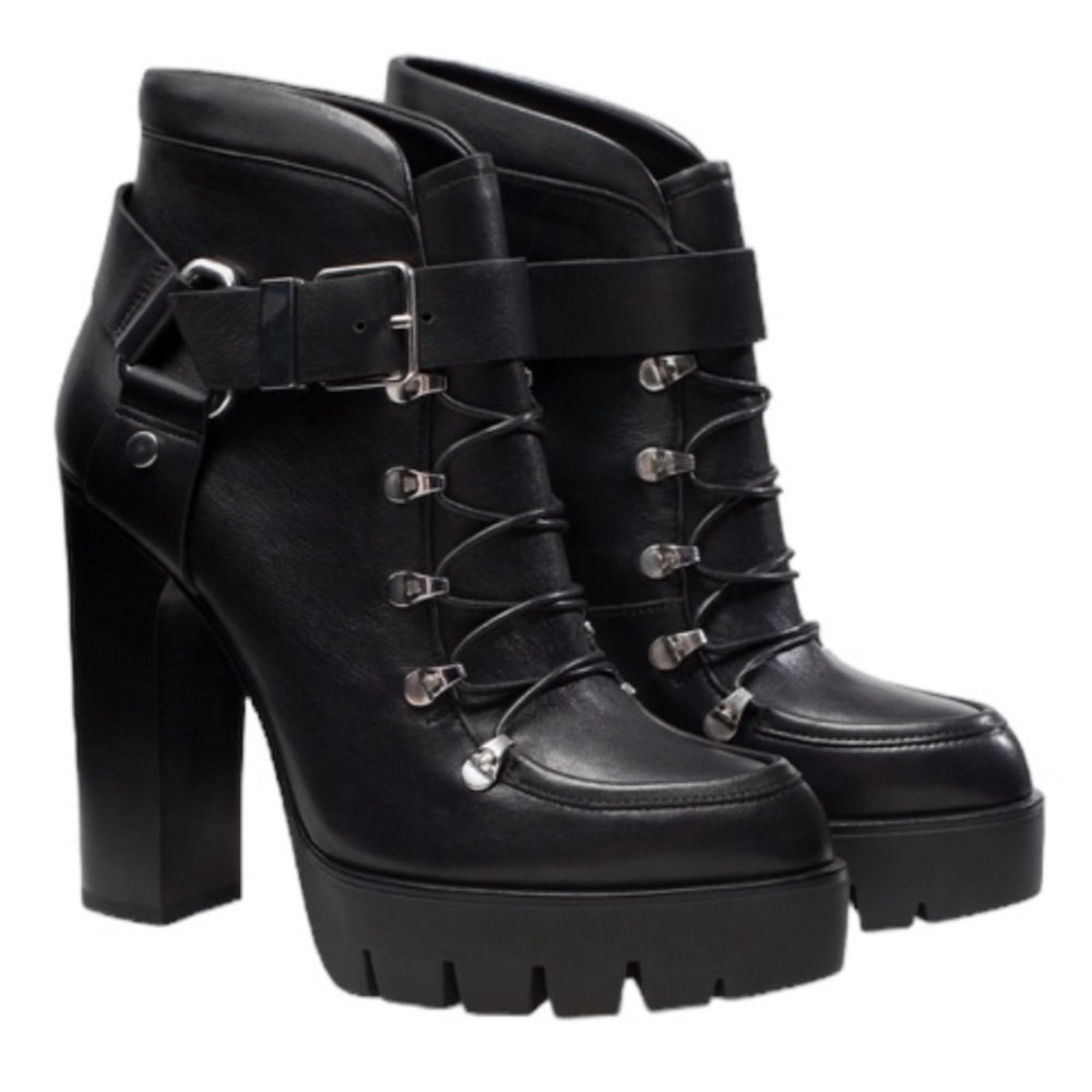 Zara Black Leather Lace-Up Platform Ankle Boots